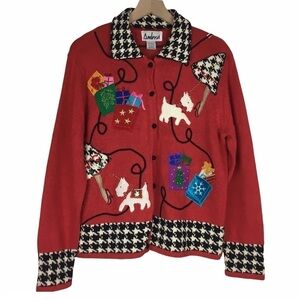 VINTAGE Christmas Sweater Cardigan Scottie Dog Shopping Girl Houndstooth Large